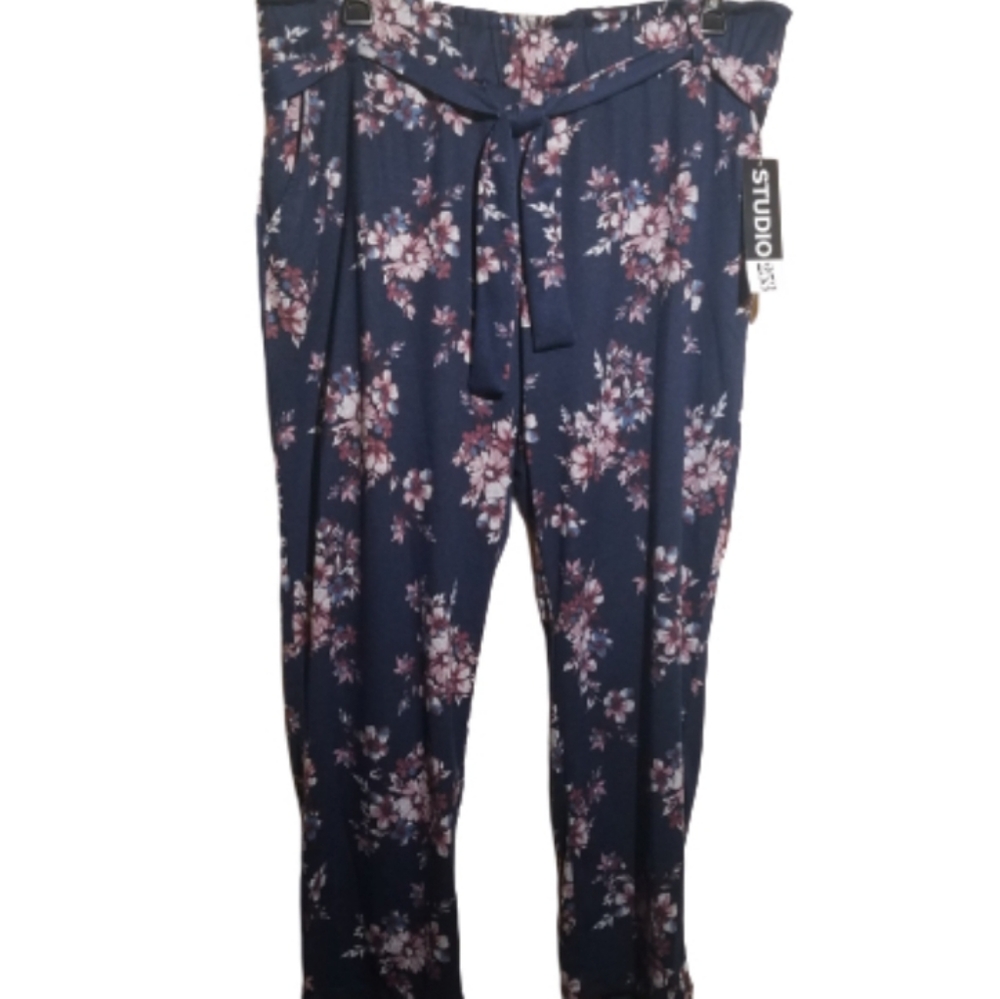 NWT Studio 253 floral wide leg pants 2X, cinched paper bag waist